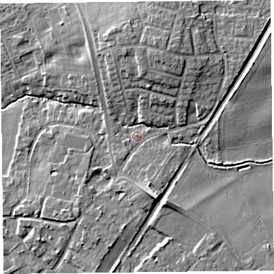 Shaded relief map of the ground around L313EN, computed from Environment Agency LiDAR. The ground here sits at about 21 m above sea level and falls 11 m across the surrounding 800 m. Surface water reaching this point runs off ground lying to the south-south-east, 4.4 m higher.