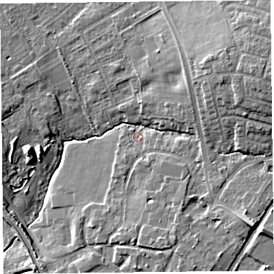 Shaded relief map of the ground around L313EP, computed from Environment Agency LiDAR. The ground here sits at about 18 m above sea level and falls 15 m across the surrounding 800 m. Surface water reaching this point runs off ground lying to the south-east, 1.9 m higher.