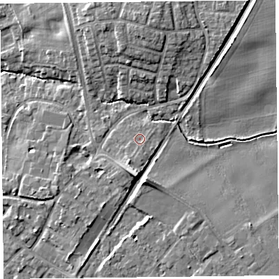 Shaded relief map of the ground around L313EU, computed from Environment Agency LiDAR. The ground here sits at about 21 m above sea level and falls 11 m across the surrounding 800 m. Surface water reaching this point runs off ground lying to the south-south-west, 2.1 m higher.