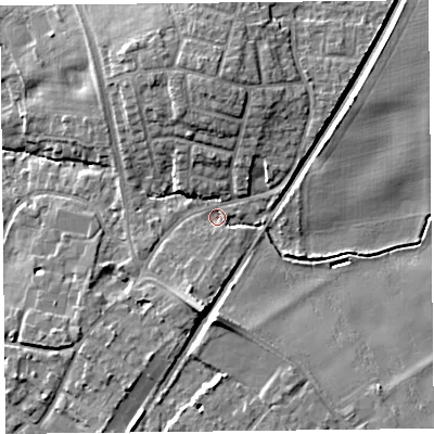 Shaded relief map of the ground around L313EY, computed from Environment Agency LiDAR. The ground here sits at about 20 m above sea level and falls 10 m across the surrounding 800 m. Surface water reaching this point runs off ground lying to the north, 7.6 m higher.