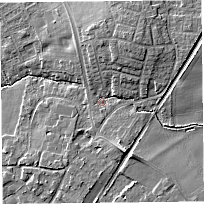 Shaded relief map of the ground around L313HG, computed from Environment Agency LiDAR. The ground here sits at about 20 m above sea level and falls 11 m across the surrounding 800 m. Surface water reaching this point runs off ground lying to the south-south-east, 4.4 m higher.