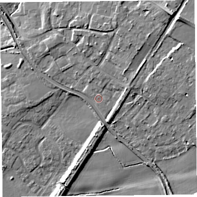 Shaded relief map of the ground around L313HU, computed from Environment Agency LiDAR. The ground here sits at about 17 m above sea level and falls 16 m across the surrounding 800 m. Surface water reaching this point runs off ground lying to the north-east, 4.5 m higher.