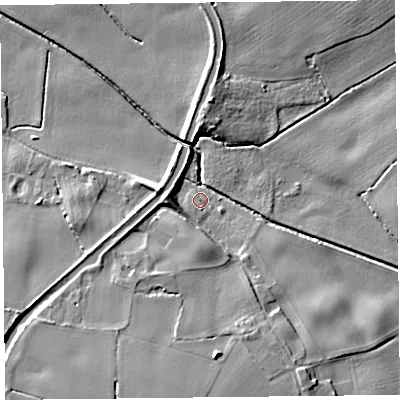 Shaded relief map of the ground around L314AE, computed from Environment Agency LiDAR. The ground here sits at about 14 m above sea level and falls 12 m across the surrounding 800 m. Surface water reaching this point runs off ground lying to the south-west, 1.0 m higher.