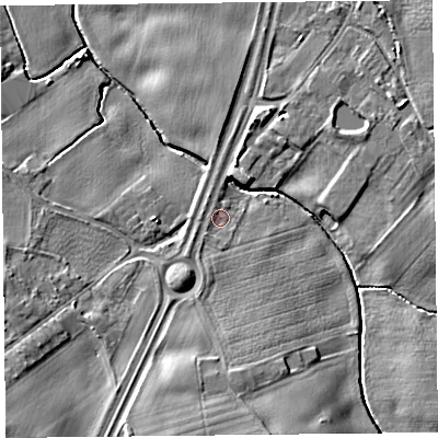 Shaded relief map of the ground around L314EH, computed from Environment Agency LiDAR. The ground here sits at about 18 m above sea level and falls 9 m across the surrounding 800 m. Surface water reaching this point runs off ground lying to the south-west, 1.1 m higher.