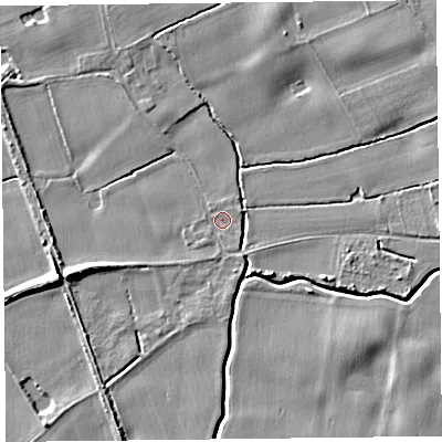 Shaded relief map of the ground around L314ET, computed from Environment Agency LiDAR. The ground here sits at about 7 m above sea level and falls 12 m across the surrounding 800 m. Surface water reaching this point runs off ground lying to the south-south-east, 2.1 m higher.