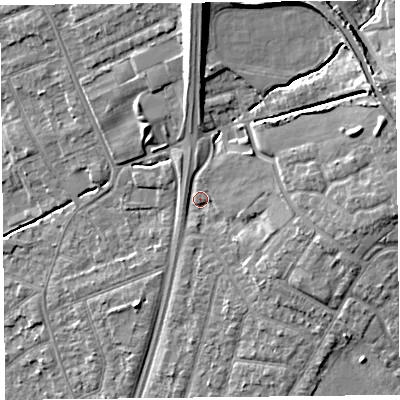 Shaded relief map of the ground around L315NQ, computed from Environment Agency LiDAR. The ground here sits at about 10 m above sea level and falls 14 m across the surrounding 800 m. Surface water reaching this point runs off ground lying to the north, 11.0 m higher.