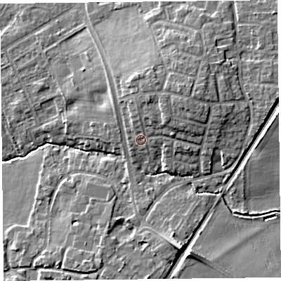 Shaded relief map of the ground around L316AX, computed from Environment Agency LiDAR. The ground here sits at about 22 m above sea level and falls 12 m across the surrounding 800 m. Surface water reaching this point runs off ground lying to the north-east, 4.0 m higher.