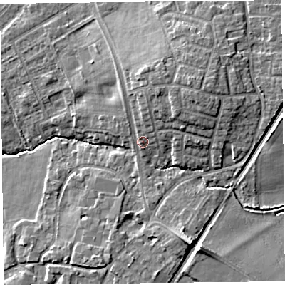 Shaded relief map of the ground around L316AZ, computed from Environment Agency LiDAR. The ground here sits at about 22 m above sea level and falls 12 m across the surrounding 800 m. Surface water reaching this point runs off ground lying to the north-north-east, 5.4 m higher.