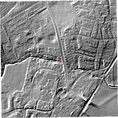 Shaded relief map of the ground around L316BA, computed from Environment Agency LiDAR. The ground here sits at about 21 m above sea level and falls 12 m across the surrounding 800 m. Surface water reaching this point runs off ground lying to the north-north-east, 7.4 m higher.