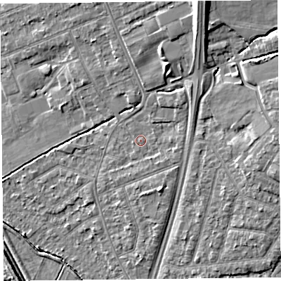 Shaded relief map of the ground around L317AL, computed from Environment Agency LiDAR. The ground here sits at about 9 m above sea level and falls 13 m across the surrounding 800 m. Surface water reaching this point runs off ground lying to the north-east, 2.5 m higher.