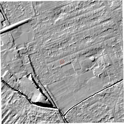Shaded relief map of the ground around L317AU, computed from Environment Agency LiDAR. The ground here sits at about 7 m above sea level and falls 9 m across the surrounding 800 m. Surface water reaching this point runs off ground lying to the east-north-east, 4.8 m higher.