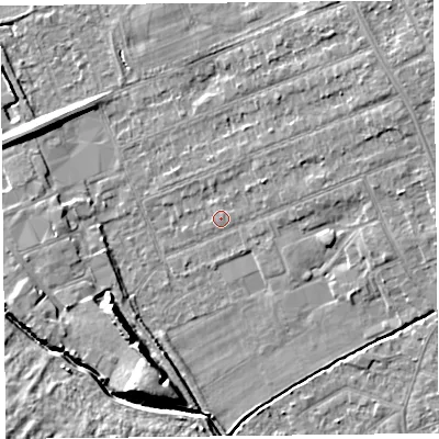 Shaded relief map of the ground around L317AZ, computed from Environment Agency LiDAR. The ground here sits at about 7 m above sea level and falls 9 m across the surrounding 800 m. Surface water reaching this point runs off ground lying to the east-north-east, 5.3 m higher.