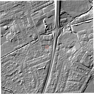 Shaded relief map of the ground around L317BD, computed from Environment Agency LiDAR. The ground here sits at about 9 m above sea level and falls 14 m across the surrounding 800 m. Surface water reaching this point runs off ground lying to the north-north-east, 2.3 m higher.