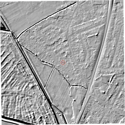 Shaded relief map of the ground around L317BL, computed from Environment Agency LiDAR. The ground here sits at about 7 m above sea level and falls 9 m across the surrounding 800 m. Surface water reaching this point runs off ground lying to the east-south-east, 1.4 m higher.
