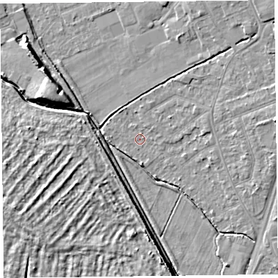 Shaded relief map of the ground around L317BP, computed from Environment Agency LiDAR. The ground here sits at about 6 m above sea level and falls 9 m across the surrounding 800 m. Surface water reaching this point runs off ground lying to the north-east, 1.1 m higher.