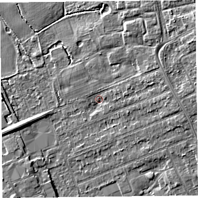 Shaded relief map of the ground around L318AE, computed from Environment Agency LiDAR. The ground here sits at about 7 m above sea level and falls 9 m across the surrounding 800 m. Surface water reaching this point runs off ground lying to the east, 5.7 m higher.