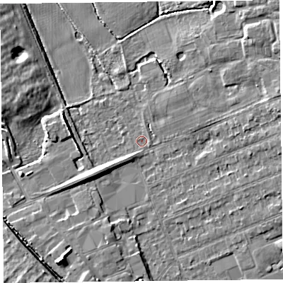 Shaded relief map of the ground around L318AF, computed from Environment Agency LiDAR. The ground here sits at about 6 m above sea level and falls 9 m across the surrounding 800 m. Surface water reaching this point runs off ground lying to the east, 0.7 m higher.