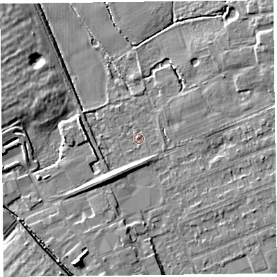 Shaded relief map of the ground around L318AG, computed from Environment Agency LiDAR. The ground here sits at about 6 m above sea level and falls 9 m across the surrounding 800 m. Surface water reaching this point runs off ground lying to the east-south-east, 1.3 m higher.