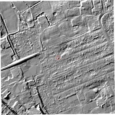 Shaded relief map of the ground around L318AL, computed from Environment Agency LiDAR. The ground here sits at about 7 m above sea level and falls 9 m across the surrounding 800 m. Surface water reaching this point runs off ground lying to the east, 5.7 m higher.