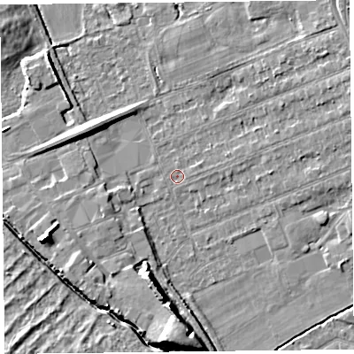 Shaded relief map of the ground around L318AN, computed from Environment Agency LiDAR. The ground here sits at about 6 m above sea level and falls 9 m across the surrounding 800 m. Surface water reaching this point runs off ground lying to the east-north-east, 1.8 m higher.