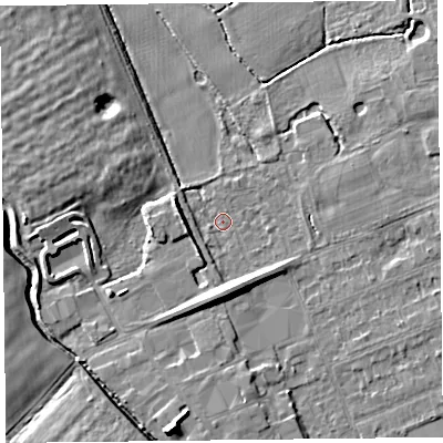 Shaded relief map of the ground around L318AQ, computed from Environment Agency LiDAR. The ground here sits at about 5 m above sea level and falls 9 m across the surrounding 800 m. Surface water reaching this point runs off ground lying to the south, 6.5 m higher.