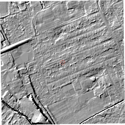 Shaded relief map of the ground around L318AR, computed from Environment Agency LiDAR. The ground here sits at about 7 m above sea level and falls 9 m across the surrounding 800 m. Surface water reaching this point runs off ground lying to the east-north-east, 5.1 m higher.
