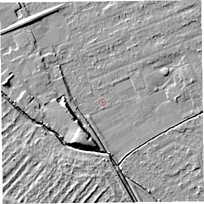 Shaded relief map of the ground around L318AU, computed from Environment Agency LiDAR. The ground here sits at about 6 m above sea level and falls 9 m across the surrounding 800 m. Surface water reaching this point runs off ground lying to the south, 6.0 m higher.