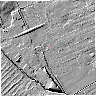 Shaded relief map of the ground around L318AW, computed from Environment Agency LiDAR. The ground here sits at about 6 m above sea level and falls 9 m across the surrounding 800 m. Surface water reaching this point runs off ground lying to the south, 7.9 m higher.