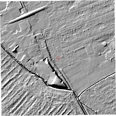 Shaded relief map of the ground around L318AX, computed from Environment Agency LiDAR. The ground here sits at about 6 m above sea level and falls 9 m across the surrounding 800 m. Surface water reaching this point runs off ground lying to the south, 7.7 m higher.