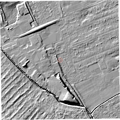 Shaded relief map of the ground around L318BA, computed from Environment Agency LiDAR. The ground here sits at about 5 m above sea level and falls 9 m across the surrounding 800 m. Surface water reaching this point runs off ground lying to the south-south-east, 7.9 m higher.