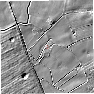 Shaded relief map of the ground around L318BE, computed from Environment Agency LiDAR. The ground here sits at about 6 m above sea level and falls 8 m across the surrounding 800 m. Surface water reaching this point runs off ground lying to the north-east, 5.8 m higher.