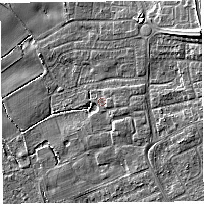 Shaded relief map of the ground around L318BF, computed from Environment Agency LiDAR. The ground here sits at about 9 m above sea level and falls 16 m across the surrounding 800 m. Surface water reaching this point runs off ground lying to the east-south-east, 2.6 m higher.