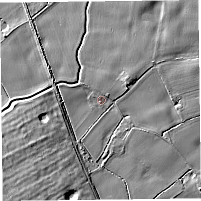 Shaded relief map of the ground around L318BG, computed from Environment Agency LiDAR. The ground here sits at about 7 m above sea level and falls 8 m across the surrounding 800 m. Surface water reaching this point runs off ground lying to the north-north-east, 2.2 m higher.