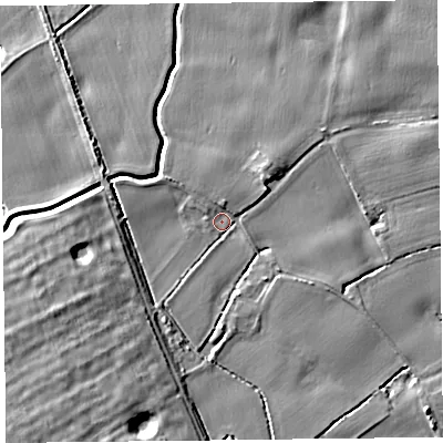 Shaded relief map of the ground around L318BN, computed from Environment Agency LiDAR. The ground here sits at about 6 m above sea level and falls 8 m across the surrounding 800 m. Surface water reaching this point runs off ground lying to the north-east, 5.1 m higher.