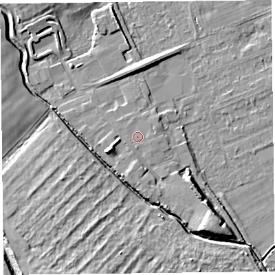 Shaded relief map of the ground around L318BX, computed from Environment Agency LiDAR. The ground here sits at about 7 m above sea level and falls 9 m across the surrounding 800 m. Surface water reaching this point runs off ground lying to the east-south-east, 0.5 m higher.