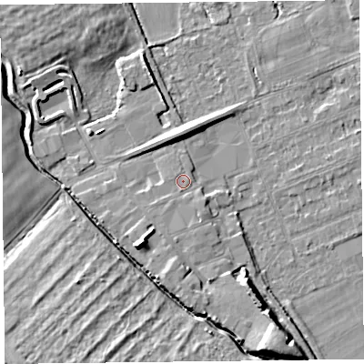 Shaded relief map of the ground around L318BY, computed from Environment Agency LiDAR. The ground here sits at about 7 m above sea level and falls 9 m across the surrounding 800 m. Surface water reaching this point runs off ground lying to the south-south-east, 1.1 m higher.