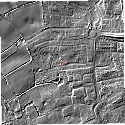 Shaded relief map of the ground around L318EF, computed from Environment Agency LiDAR. The ground here sits at about 8 m above sea level and falls 15 m across the surrounding 800 m. Surface water reaching this point runs off ground lying to the east-north-east, 11.2 m higher.