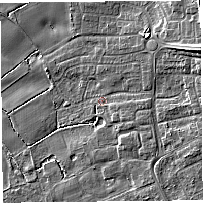 Shaded relief map of the ground around L318EG, computed from Environment Agency LiDAR. The ground here sits at about 9 m above sea level and falls 15 m across the surrounding 800 m. Surface water reaching this point runs off ground lying to the east-north-east, 11.3 m higher.