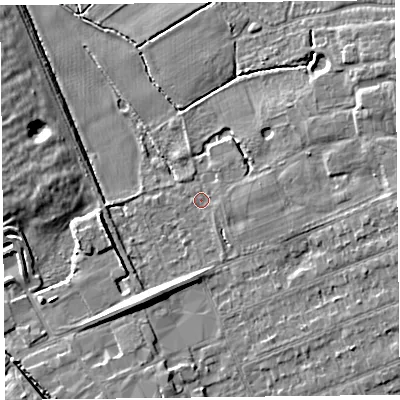 Shaded relief map of the ground around L318ET, computed from Environment Agency LiDAR. The ground here sits at about 6 m above sea level and falls 7 m across the surrounding 800 m. Surface water reaching this point runs off ground lying to the east-north-east, 5.3 m higher.