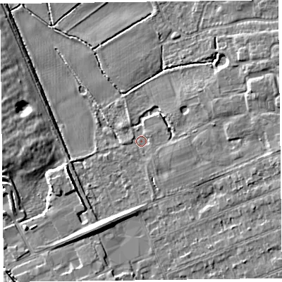 Shaded relief map of the ground around L318EU, computed from Environment Agency LiDAR. The ground here sits at about 6 m above sea level and falls 8 m across the surrounding 800 m. Surface water reaching this point runs off ground lying to the east-north-east, 5.7 m higher.