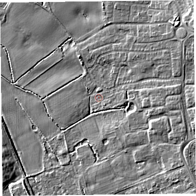 Shaded relief map of the ground around L318EW, computed from Environment Agency LiDAR. The ground here sits at about 7 m above sea level and falls 9 m across the surrounding 800 m. Surface water reaching this point runs off ground lying to the east-north-east, 5.7 m higher.