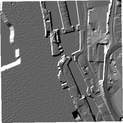 Shaded relief map of the ground around L31BD, computed from Environment Agency LiDAR. The ground here sits at about 6 m above sea level and falls 25 m across the surrounding 800 m. Surface water reaching this point runs off ground lying to the south, 5.4 m higher.