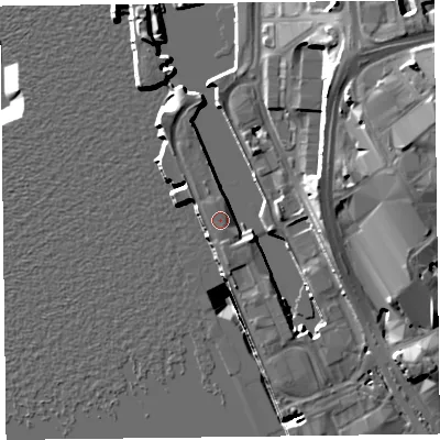 Shaded relief map of the ground around L31BG, computed from Environment Agency LiDAR. The ground here sits at about 7 m above sea level and falls 24 m across the surrounding 800 m. The ground contributing surface water to this point lies to the south-south-east.