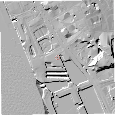 Shaded relief map of the ground around L31BP, computed from Environment Agency LiDAR. The ground here sits at about 7 m above sea level and falls 21 m across the surrounding 800 m. Surface water reaching this point runs off ground lying to the north-north-west, 2.7 m higher.