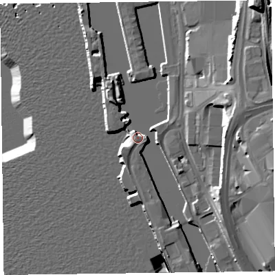 Shaded relief map of the ground around L31BU, computed from Environment Agency LiDAR. The ground here sits at about 8 m above sea level and falls 26 m across the surrounding 800 m. Surface water reaching this point runs off ground lying to the east-north-east, 12.4 m higher.