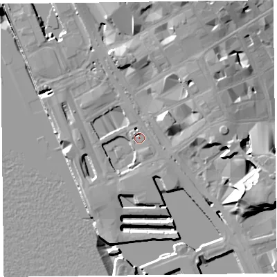 Shaded relief map of the ground around L31DD, computed from Environment Agency LiDAR. The ground here sits at about 6 m above sea level and falls 22 m across the surrounding 800 m. Surface water reaching this point runs off ground lying to the south, 2.5 m higher.