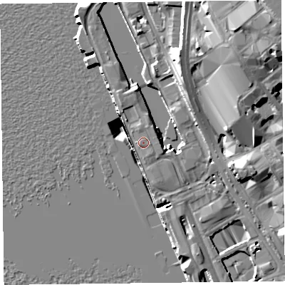 Shaded relief map of the ground around L31DL, computed from Environment Agency LiDAR. The ground here sits at about 8 m above sea level and falls 26 m across the surrounding 800 m. Surface water reaching this point runs off ground lying to the north-north-west, 1.3 m higher.