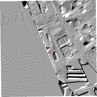 Shaded relief map of the ground around L31DP, computed from Environment Agency LiDAR. The ground here sits at about 6 m above sea level and falls 20 m across the surrounding 800 m. Surface water reaching this point runs off ground lying to the south, 4.7 m higher.