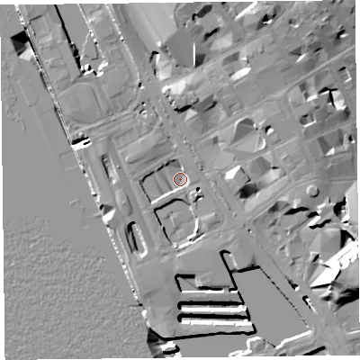 Shaded relief map of the ground around L31DS, computed from Environment Agency LiDAR. The ground here sits at about 5 m above sea level and falls 22 m across the surrounding 800 m. Surface water reaching this point runs off ground lying to the south-west, 2.1 m higher.