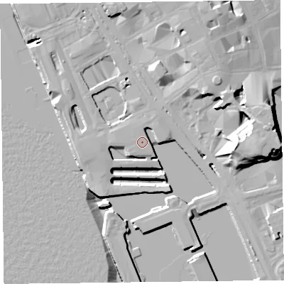 Shaded relief map of the ground around L31EE, computed from Environment Agency LiDAR. The ground here sits at about 7 m above sea level and falls 21 m across the surrounding 800 m. The ground contributing surface water to this point lies to the north-north-west.